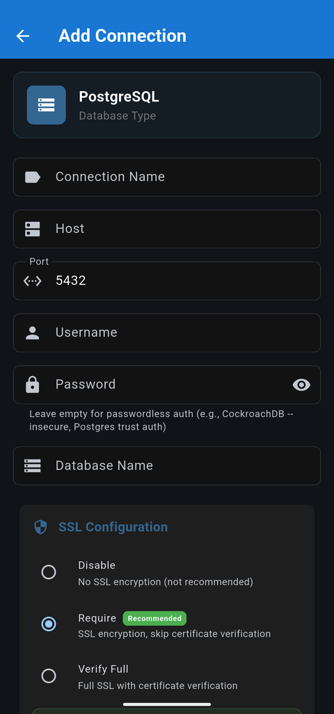 Add a database connection with host, port, credentials and SSL on mobile