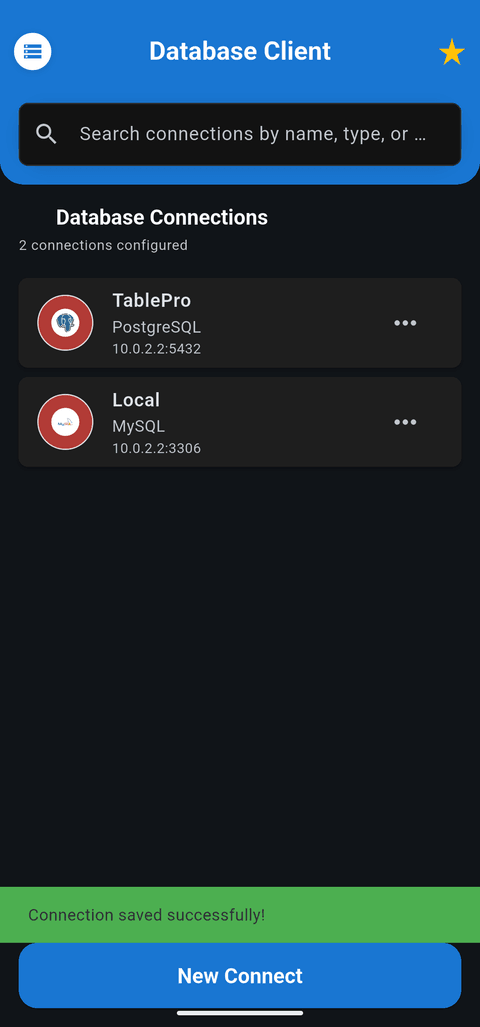 Saved PostgreSQL and MySQL connections on mobile