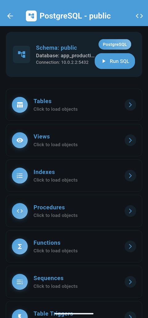 Explore schema objects — tables, views, indexes, functions on mobile
