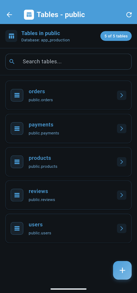 Browse database tables on mobile